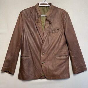 Vintage Mens Brown Leather Jacket Mandarin Collar Button Up Size 48 Blazer Coat